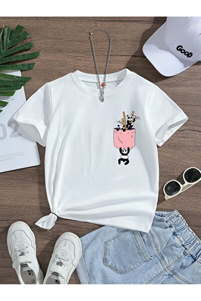 Eysaah Tricou premium pentru fete cu buzunar panda imprimat cu guler de cicli...