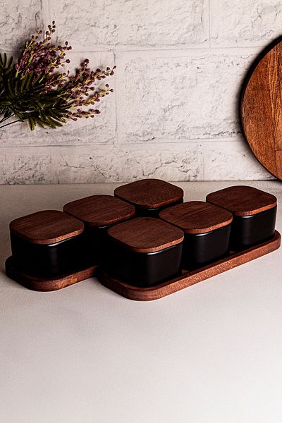Snippy Luma Black - 8 Piece Tray Wooden Vacuum Lid Ceramic Breakfast Bowl Snack Bowl 300 ml