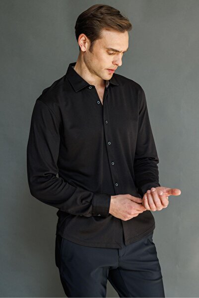 Desen Triko Ανδρικό πουκάμισο με μακρυμάνικο μανσέτα μαύρο
