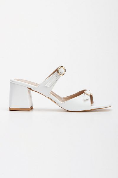 Miss Mitto Women's White Faux Leather Skin Thick Heeled Stylish Buckle Detailed Comfortable Slippers
