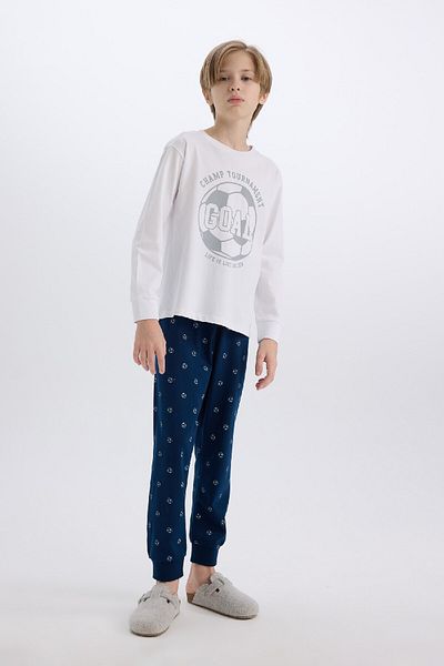 DeFacto Pyjama-Set für Jungen – Rundhalsausschnitt, bedruckte lange Ärmel, Oberteil mit gemusterter Unterseite D5215a824wn