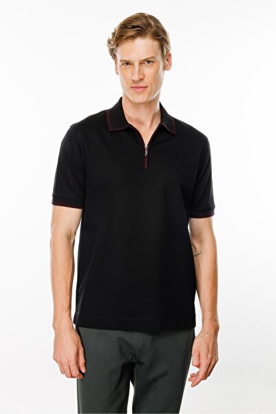 Desen Triko Μαύρο ανδρικό μπλουζάκι πόλο με φερμουάρ