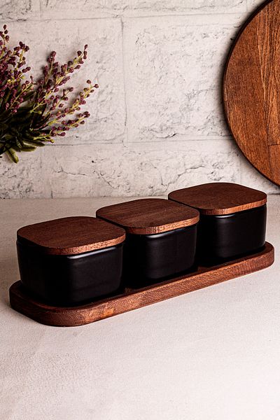 Snippy Luma Black - Wooden Vacuum Lid Ceramic Breakfast Bowl Snack Bowl with 4 Piece Tray 300 ml
