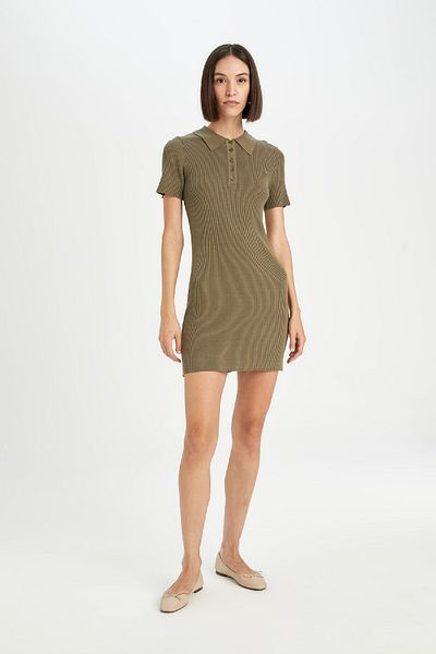 DeFacto Polo Neck Mini Knitwear Dress - Short Sleeve, Body Fitting D8718Ax24Au