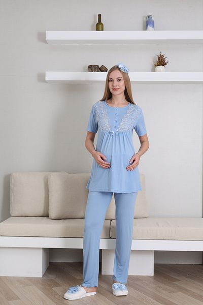 Lohussa Set de pijamale pentru maternitate, din bumbac, cu design special, din dantela albastra, set de 3