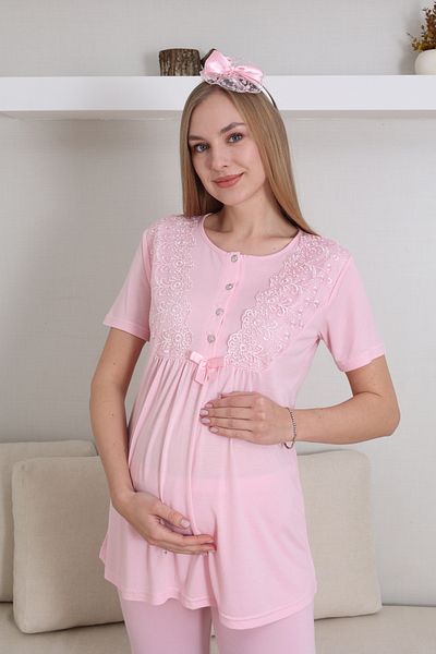 Lohussa Women's Pink Lace Special Design Cotton Maternity Maternity Dressing Gown Pajama Set Set of 3