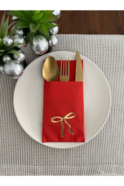 kidspartim Gold Gilded Red Pocket Bow Napkin 12 Pieces