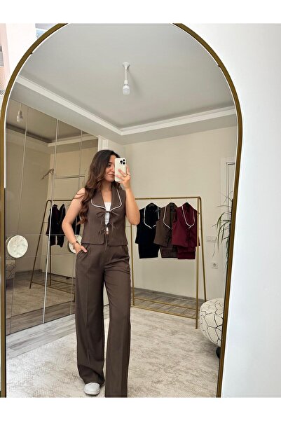 SOFT YAKASI FİSTOLU YELEK PANTOLON TAKIM KAHVERENGİ