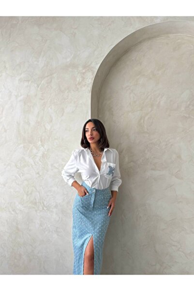 Butik Şenel " Işıltılı Denim Rüya " yırtmaçlı uzun etek