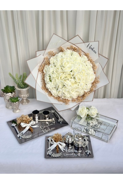 Paparti İsimli Kız İsteme Seti 41 Adet Beyaz Gül Söz Nişan Tepsi Seti İsteme ...