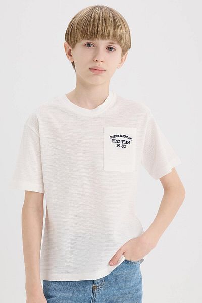 DeFacto Boy's Crew Neck Embroidered Pocket Printed Short Sleeve T-Shirt D9286A825Sm