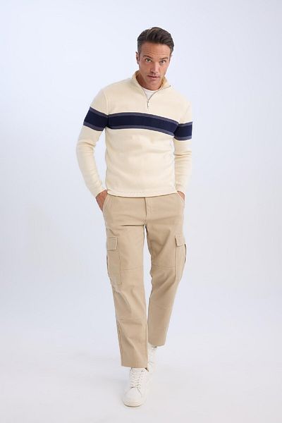 DeFacto Men's Beige Standard Fit Regular Fit Turtleneck Semi Zip Striped Knitwear Sweater Y4193Azns