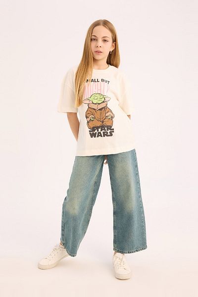 DeFacto Girls' Mandalorian Star Wars Oversize T-Shirt - Crew Neck, Short Sleeve D8823A825Sp