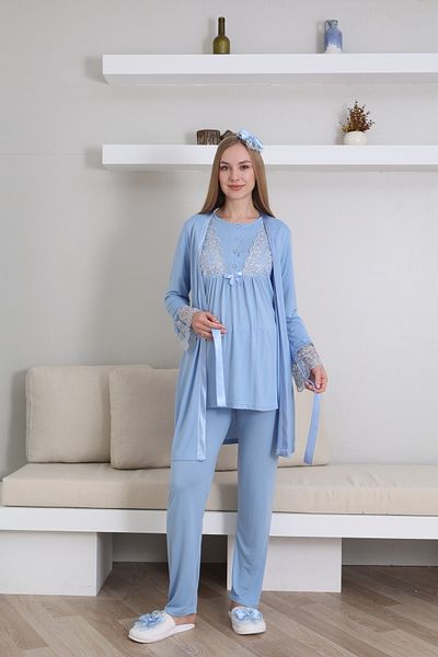 Lohussa Set de pijamale pentru maternitate, din bumbac, cu design special, din dantela albastra, set de 3
