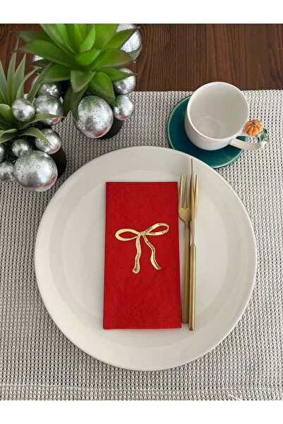 kidspartim Gold Yaldızlı Kırmızı Fiyonk Baskılı Garson Katlama Peçete 16 Adet