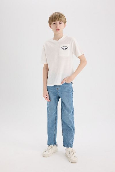 DeFacto Boy's Crew Neck Embroidered Pocket Printed Short Sleeve T-Shirt D9286A825Sm