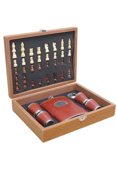 Fernanda Premium Stainless Steel Chess 8.oz 4 Shot Glass Alcohol Leather Flask Set with Wooden Box 24*18 cm