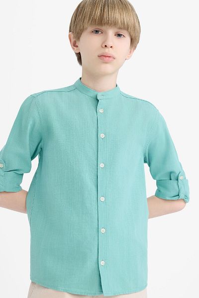DeFacto Boy's Stand Collar Linen Look Long Sleeve Shirt Z1035A625Sm