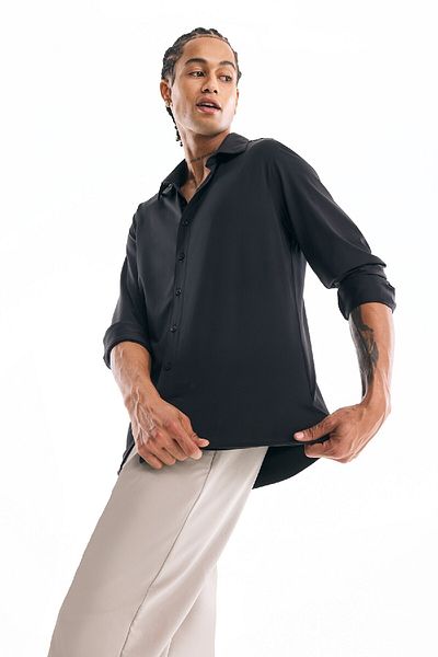 DeFacto Slim Fit Slim Fit Polo Collar Stretch Fabric Basic Απλό μακρυμάνικο μαύρο πουκάμισο B6491ax25sp