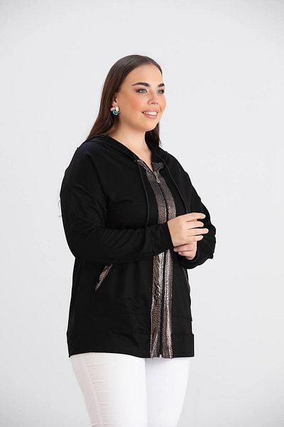 TUSSE Elegant Zippered Viscosa Lame Detail Large Size Stylish Cardigan