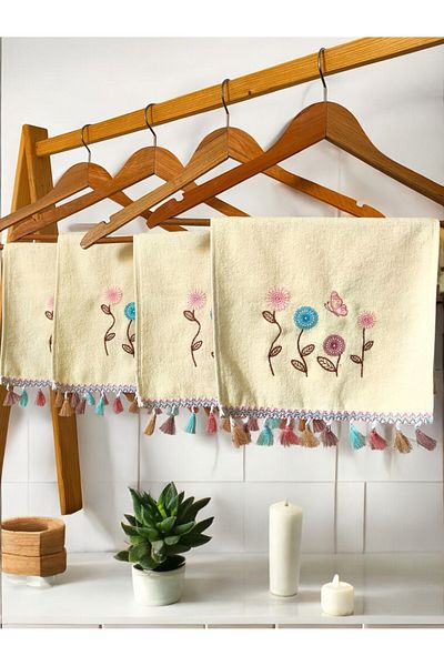 CNR Garden 4-Piece Embroidered Floral Patterned Hand Face Towel 30X50 cm
