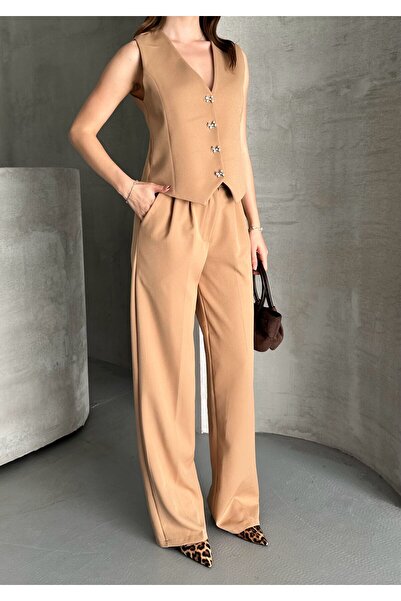 aytenli Double Fabric Bow Button Lined Vest Front Pleated Pocket Half Elastic Waist Wide Pants Suit