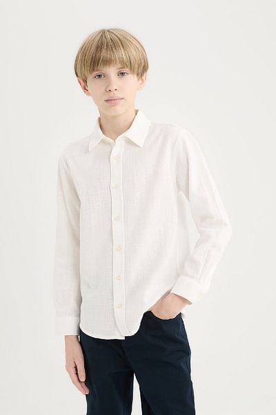 DeFacto Boy's Polo Neck Linen Look Long Sleeve Shirt