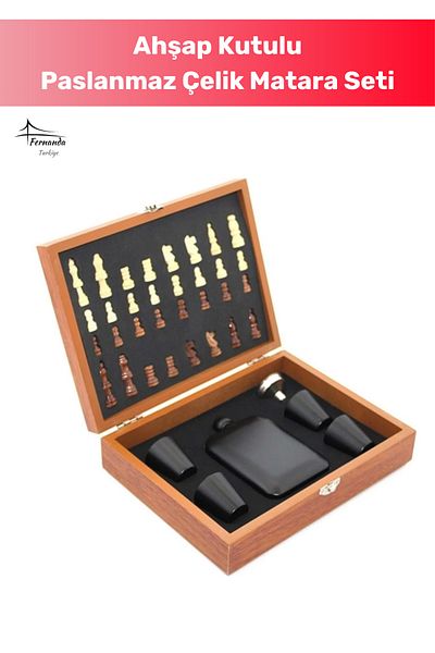 Fernanda Stainless 6.oz 4 Shot Glass Chess Alcohol Flask Set Wooden Box 24*18 cm