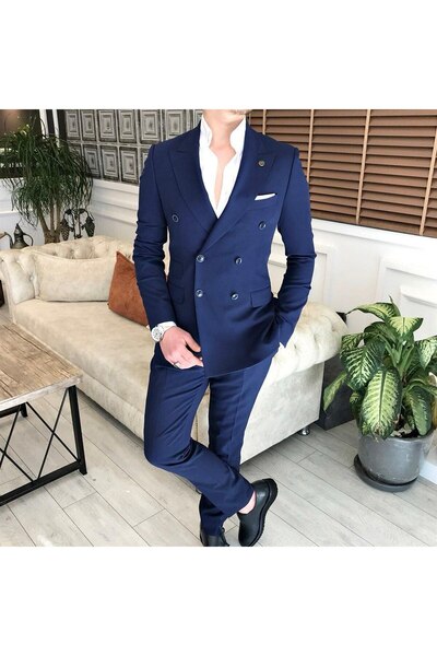 Butik Erkek Lacivert Basic İtalyan Stil Slim Fit Dar Kesim Kruvaze Ceket Pant...