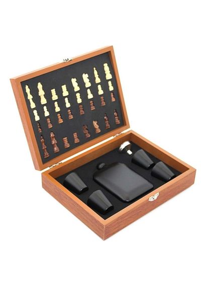 Fernanda Stainless 6.oz 4 Shot Glass Chess Alcohol Flask Set Wooden Box 24*18 cm