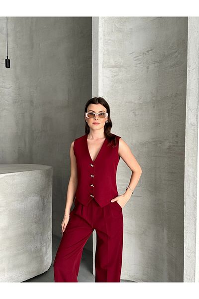 aytenli Double Fabric Bow Button Lined Vest Front Pleated Pocket Half Elastic Waist Wide Pants Suit