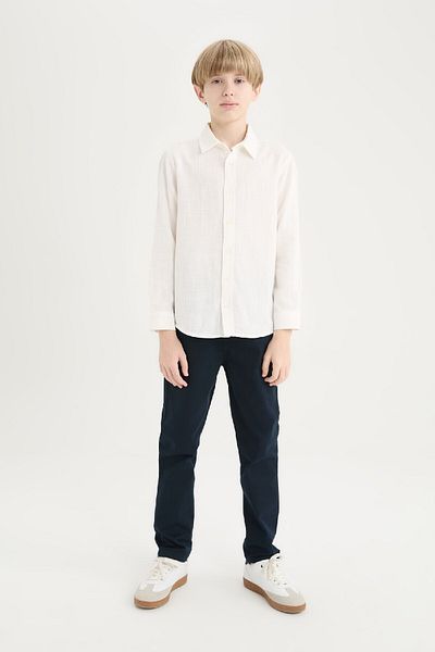 DeFacto Boy's Polo Neck Linen Look Long Sleeve Shirt
