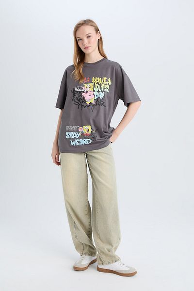 DeFacto Cool Spongebob Oversize με φαρδύ λαιμόκοψη κοντομάνικο μπλουζάκι D9117ax25sm