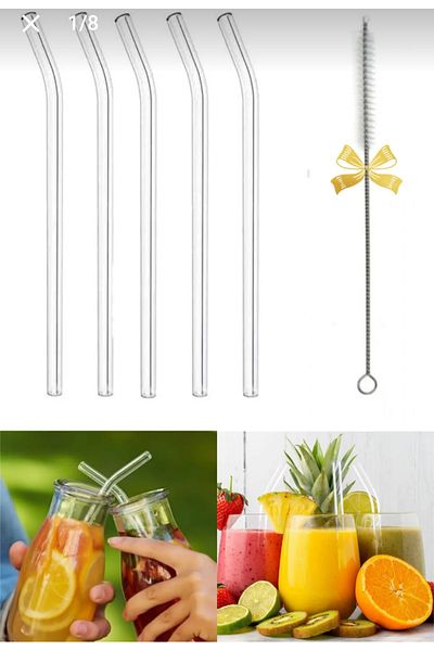 HBNC 5 Pcs Slanted Glass Straws and 1 Pcs Stainless Steel Straw Cleaning Brush Keyboard Cleaning Brush