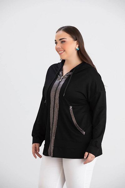 TUSSE Elegant Zippered Viscosa Lame Detail Large Size Stylish Cardigan