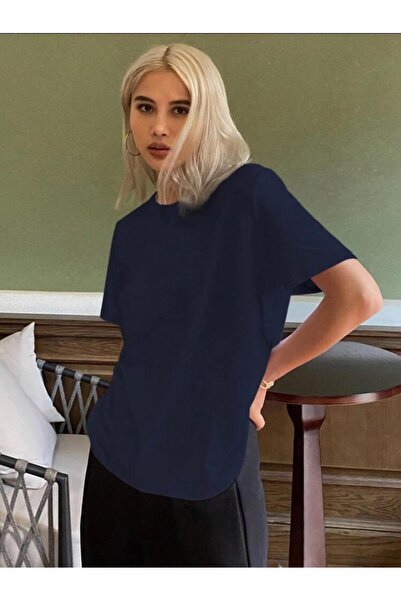 SELENA BUTİK Унісекс пряма бавовняна футболка Boyfriend темно-синього кольору