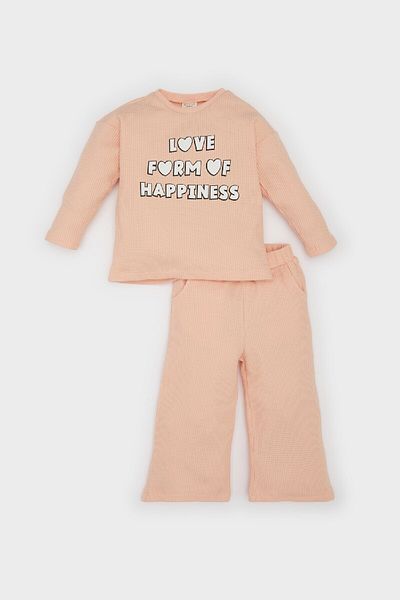 DeFacto Waffle Print Crew Neck Printed Sweatshirt and Wide Loose Leg Sweatpants for Baby Girl - 2-Piece Set