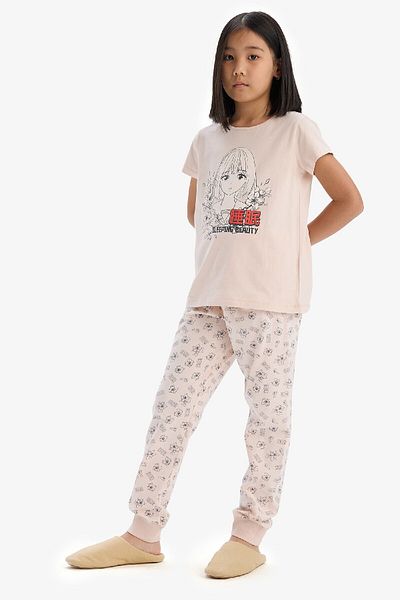 DeFacto Girls Pajama Set - Printed Short Sleeve Top Elastic Waist Long Bottom