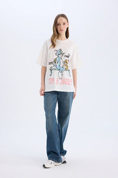DeFacto Tricou cu imprimeu pe spate Tom & Jerry oversize cu decolteu rotund D9130AX25SM