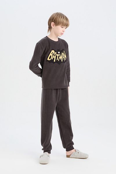 DeFacto Batman-Pyjama-Set für Jungen – Fleece, Rundhalsausschnitt, lange Ärmel, elastische obere Taille, langer Boden D8570A824