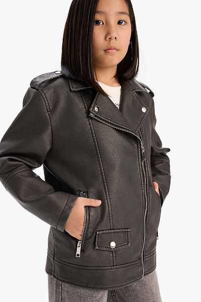 DeFacto Girls Water Repellent Zipper Double Pocket Faux Leather Jacket Coat D6922A825Sp