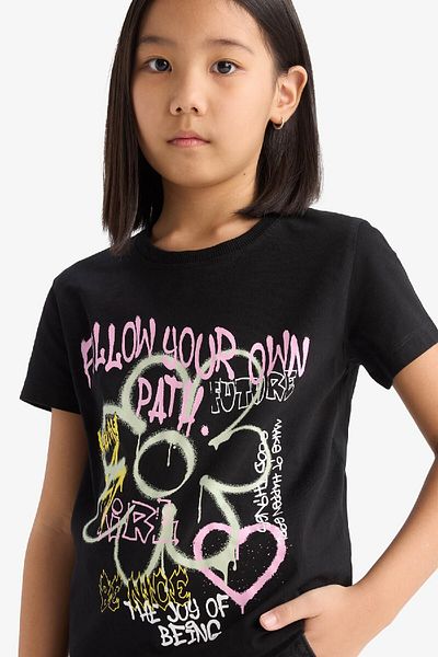 DeFacto Girl's Crew Neck Printed Short Sleeve T-Shirt E0383A825Sm