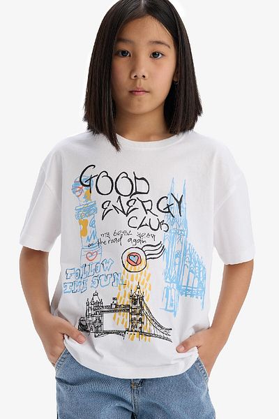 DeFacto Tricou cu mânecă scurtă cu imprimeu pentru fete, cu croială largă, cu decolteu, E0356a825sm
