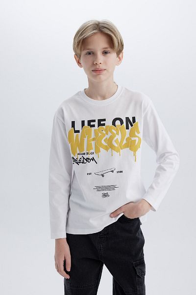 DeFacto Tricou cu mânecă lungă imprimat cu gât crew pentru băieți D7699A825SP