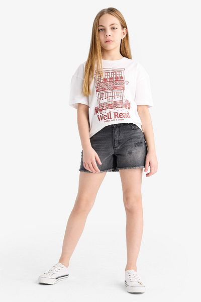 DeFacto Tricou cu mânecă scurtă cu imprimeu pentru fete, cu decolteu, relaxat, E0355A825SM