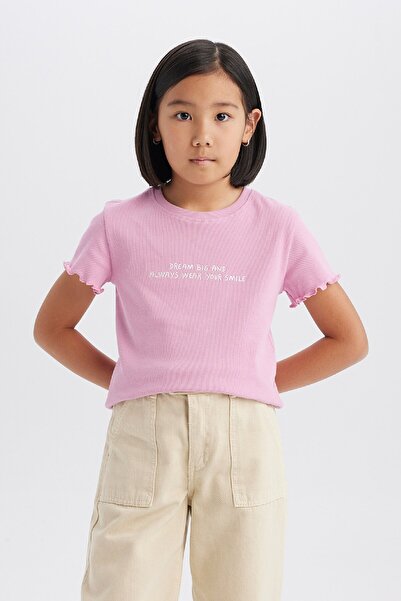 DeFacto Μπλουζάκι καμισόλε με μοτίβο με λαιμόκοψη για κορίτσια - λεπτή εφαρμογή, κοντό μανίκι B6689A8