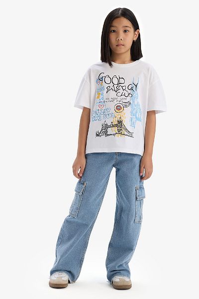 DeFacto Tricou cu mânecă scurtă cu imprimeu pentru fete, cu croială largă, cu decolteu, E0356a825sm
