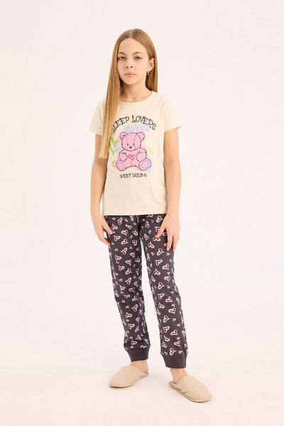 DeFacto Pyjama-Set für Mädchen – Rundhalsausschnitt, bedruckt, kurze Ärmel, elastische Taille oben, gemusterter Boden E0538A825SM