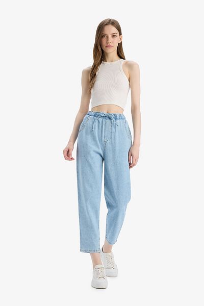 DeFacto Blugi cu talie înaltă Pull On Paperbag, picior drept și pantaloni blugi lungi moi E0733AX25SM