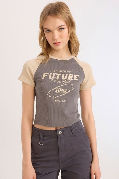 DeFacto Crew Neck Printed Ribbed Camisole Short Sleeve T-Shirt - E0647Ax25Sm